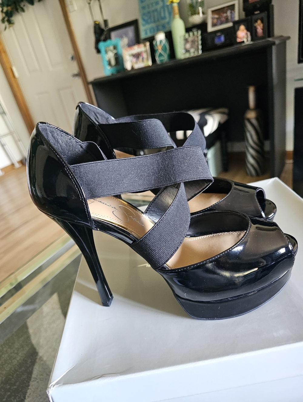 Women’s Jessica Simpson Black Patent Peep-Toe Platform Heels with Elastic Straps